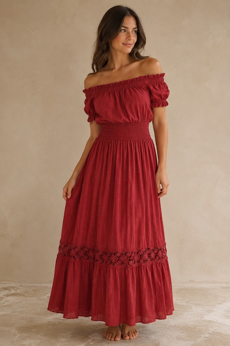 Scarlet Darkness 2XL Red Cotton Maxi Dress Renaissance Cottagecore Crochet Lace